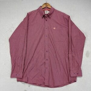 Cinch Mens Large Long Sleeve Button Down Shirt Purple Orange Plaid Micro Check